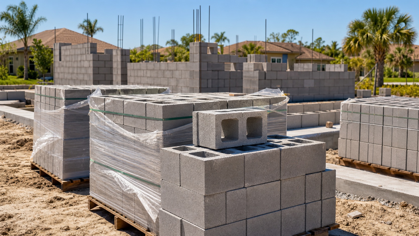 Masons laying concrete block on a job site.