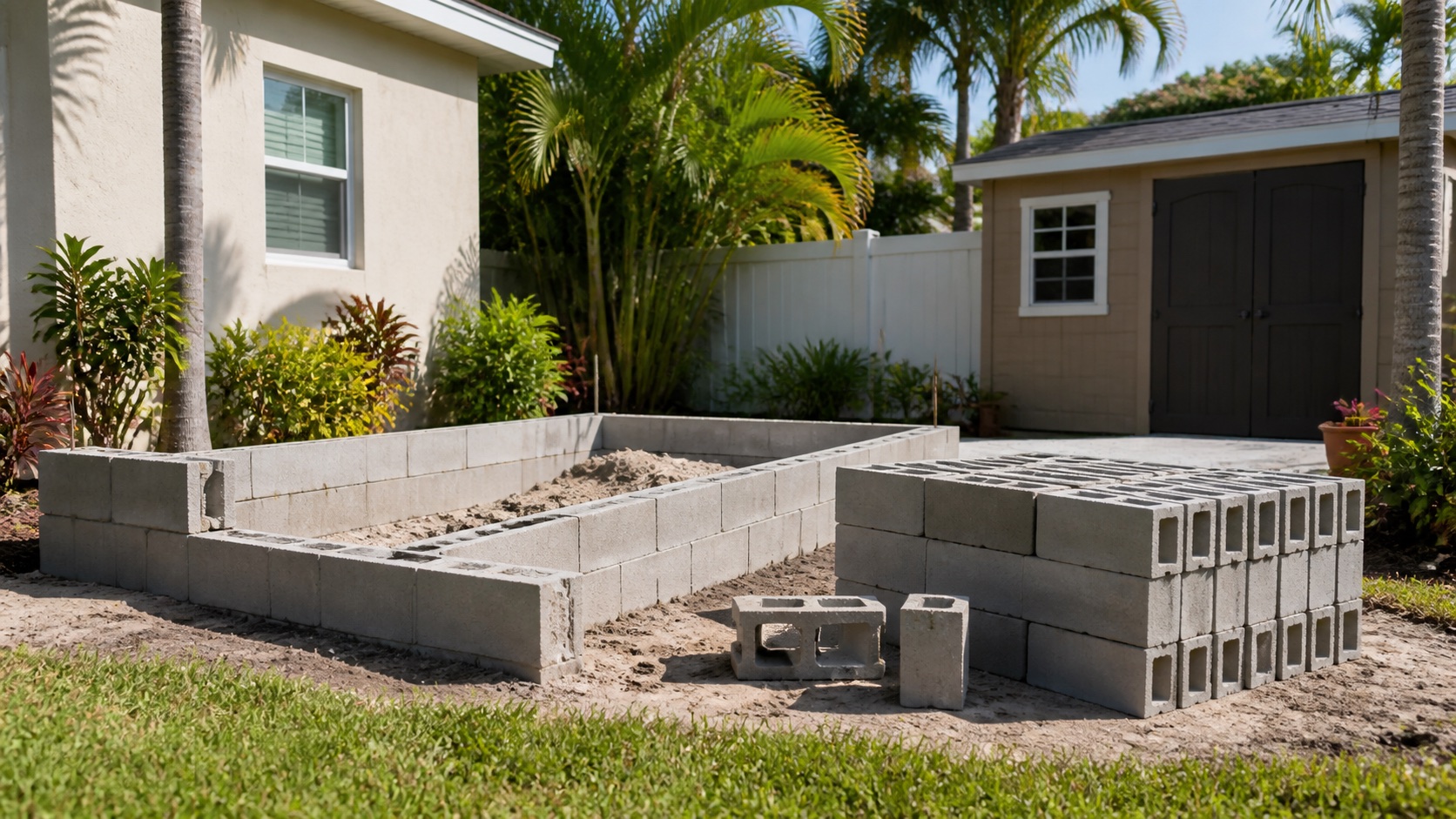 A modern concrete-block home with a pool.
