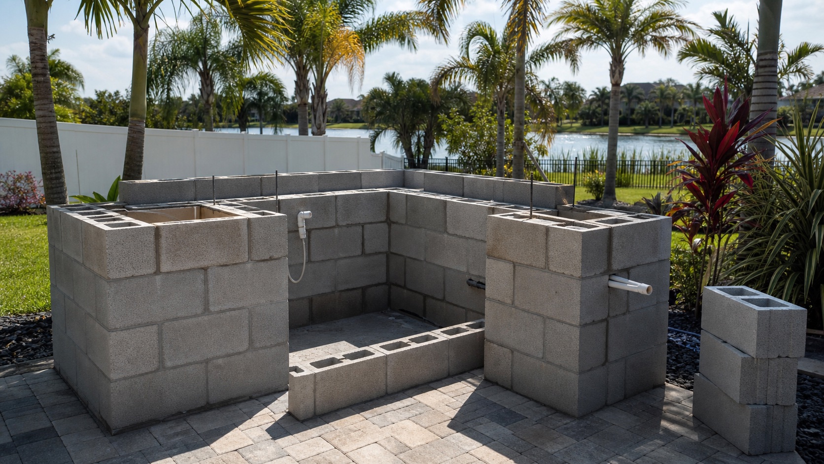 An outdoor kitchen and seat wall built with concrete block.