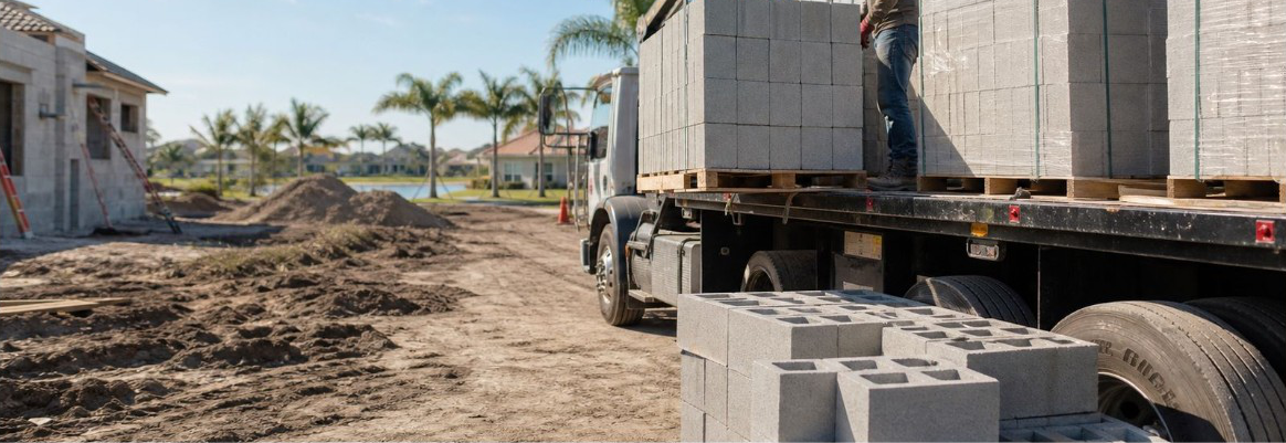 Concrete block loaded on a flatbed truck at a Florida job site.