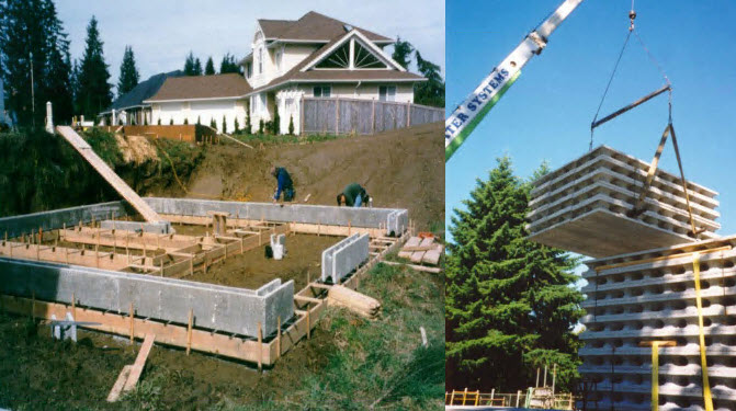 Crew setting Legacy ICF blocks on a job site, with rebar in the wall.